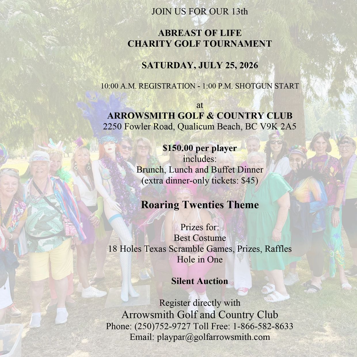 Charity golf tournament flyer with people in colorful costumes.