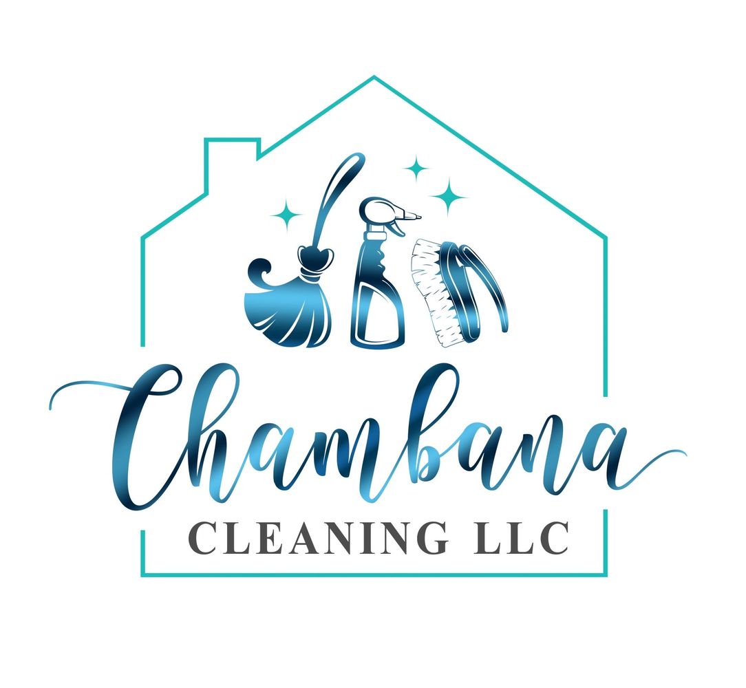 Logo for Chambana Cleaning LLC with cleaning tools inside a house outline.