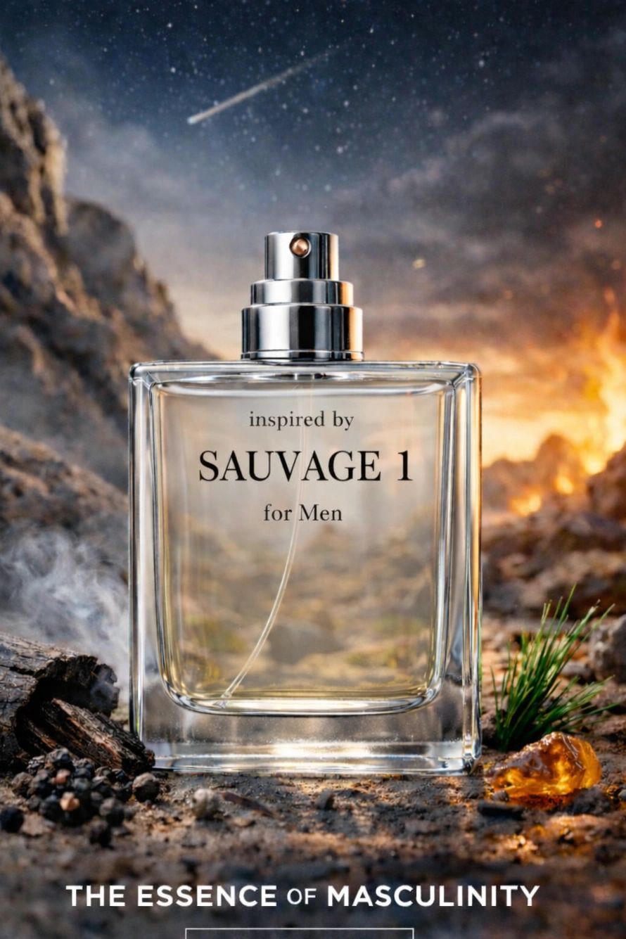 A men's cologne bottle with rugged outdoor background and night sky.