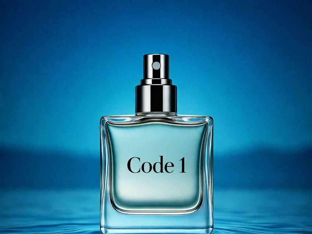 Elegant perfume bottle labeled 'Code 1' against a blue gradient background.