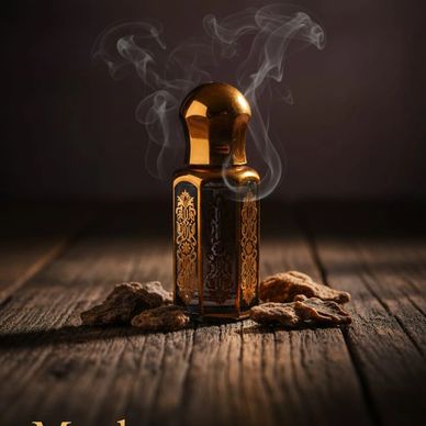 Elegant perfume bottle with golden cap emitting fragrant smoke on wooden surface.