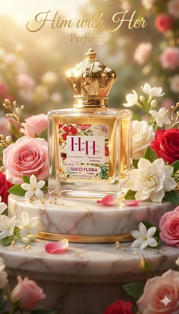 Luxury perfume bottle with a golden crown cap surrounded by fresh flowers.