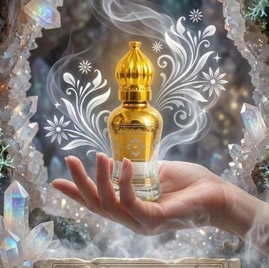 Hand holding ornate golden perfume bottle with mystical smoke and crystals.