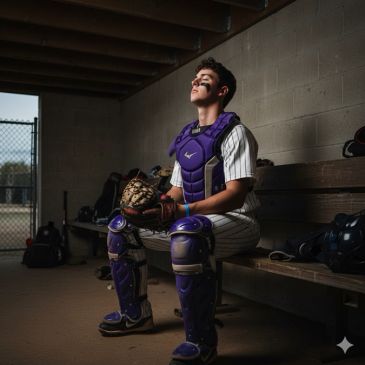 Baseball catcher in full gear sitting on a bench indoors.