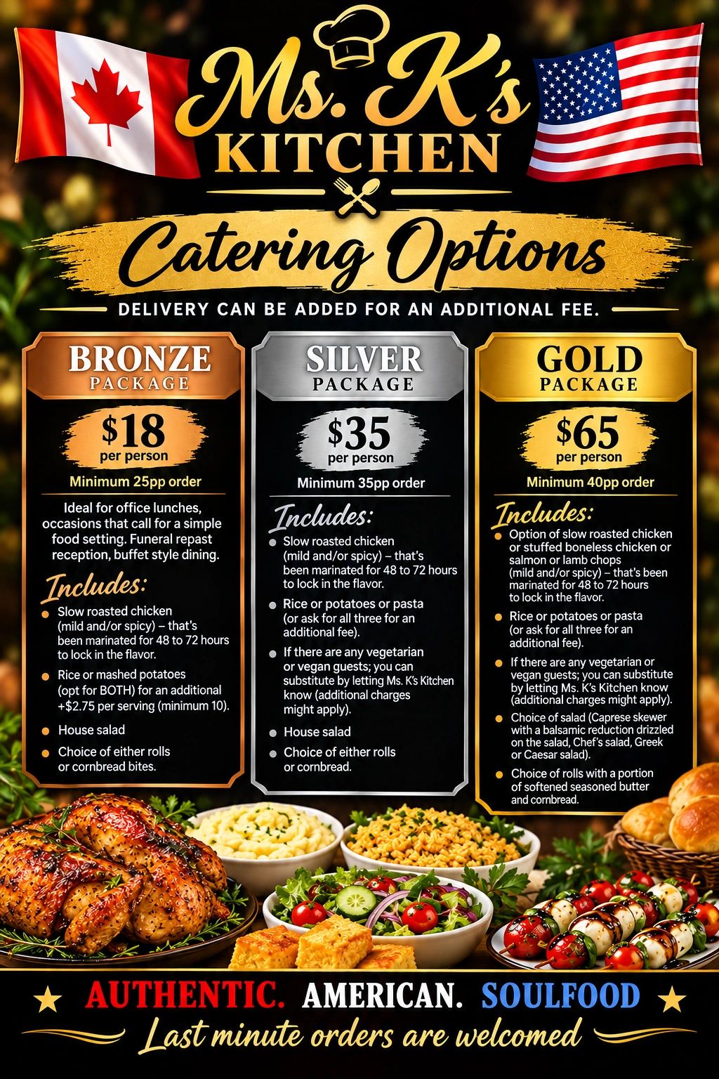 Ms. K's Kitchen catering options with bronze, silver, and gold packages.