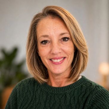 Smiling woman with shoulder-length blonde hair in a green sweater.