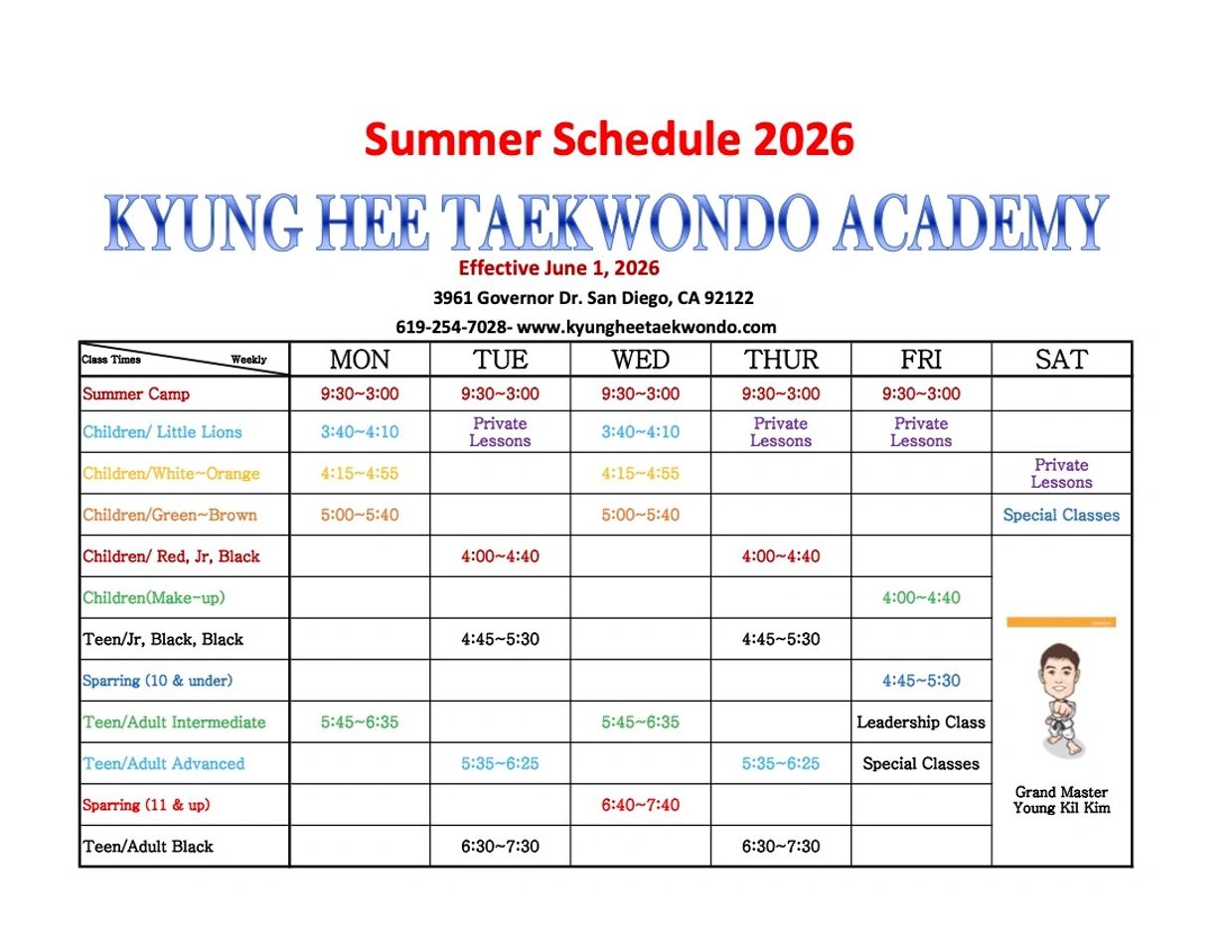 Kyung Hee Taekwondo Academy summer 2026 schedule with classes from Monday to Saturday.