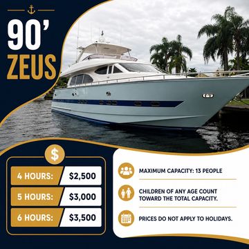 Luxury 90' Zeus yacht available for rent with hourly rates and 13-person capacity.