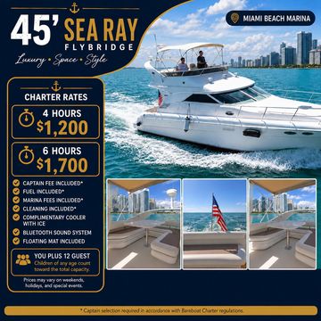 Luxury 45' Sea Ray Flybridge yacht for charter in Miami Beach Marina with all-inclusive rates.