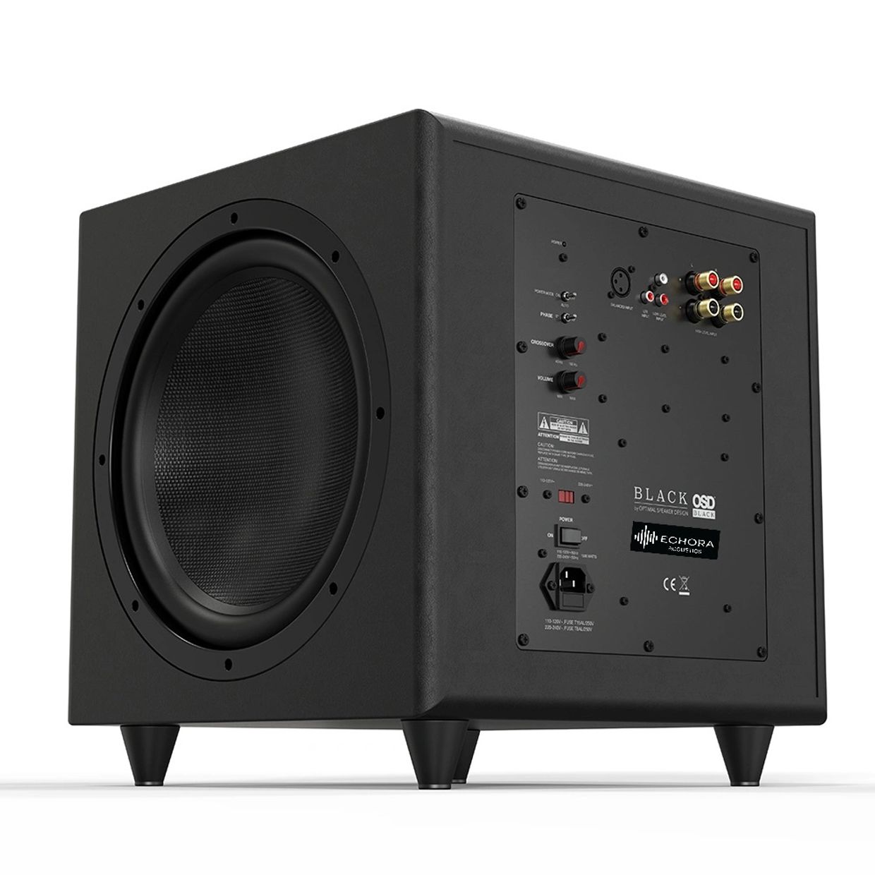 Black subwoofer speaker with side bass driver and rear input panel.