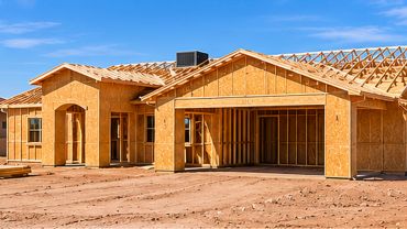 New house under construction with wooden framing.