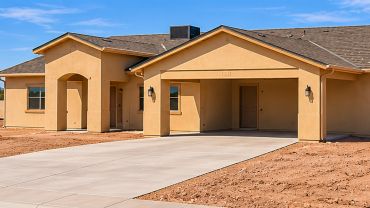 Newly built suburban house with a concrete driveway.