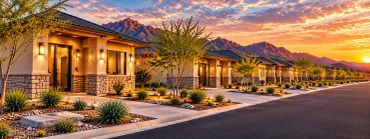 Sunset over modern suburban houses with mountain backdrop.