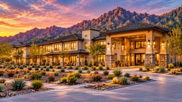 Luxury mountain resort at sunset.