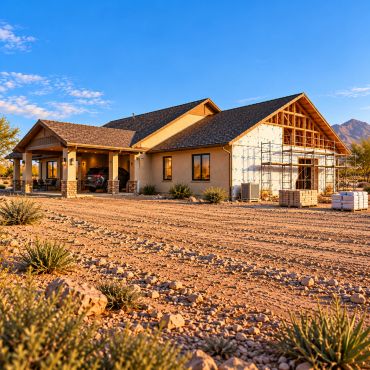 Modern house under construction in a desert landscape.