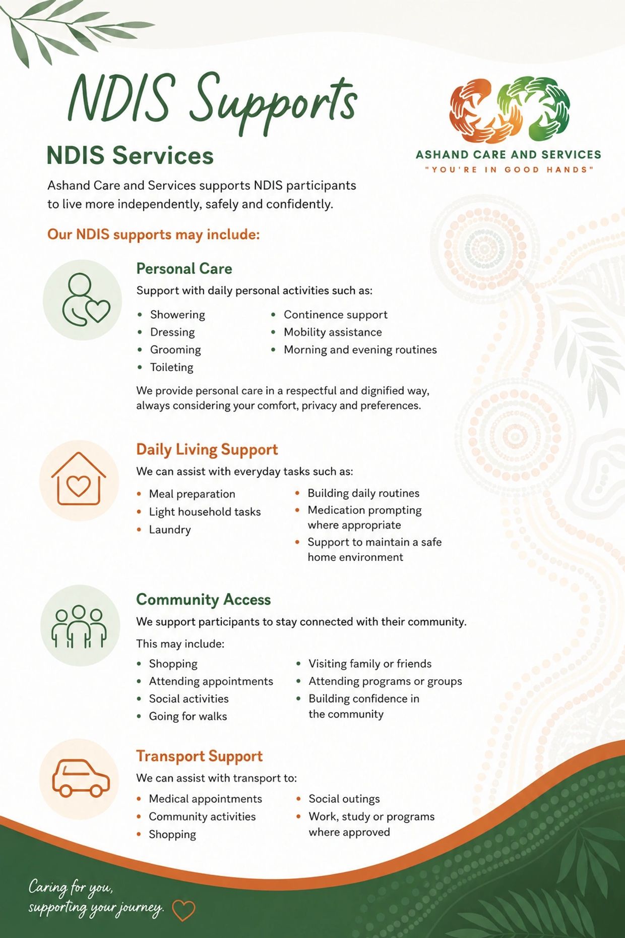 Ashand Care and Services offers NDIS supports including personal care, daily living, community access, and transport assistance.
