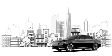 Black sedan parked in front of a city skyline illustration.