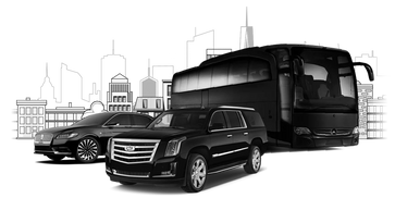 Luxury black vehicles including a car, SUV, and bus in front of a city skyline.