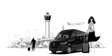 Black Mercedes van with travelers and city skyline in the background.