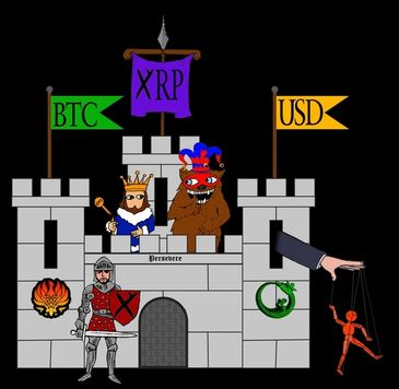 A cartoon castle with cryptocurrency flags and symbolic characters.