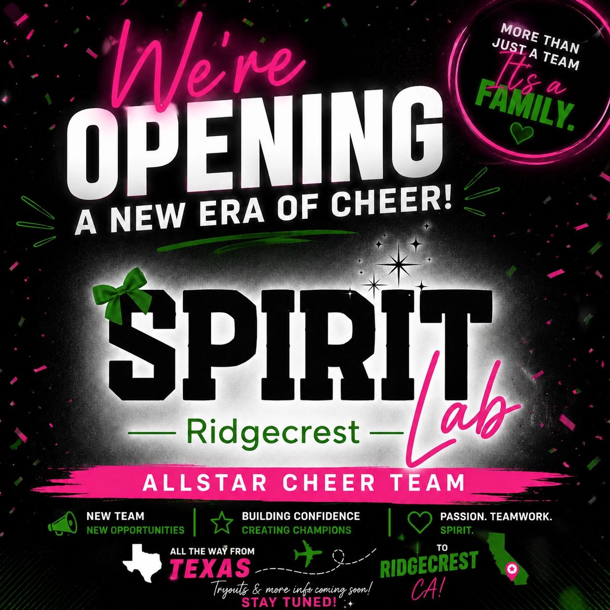 Grand opening announcement for Spirit Lab Ridgecrest Allstar Cheer Team.