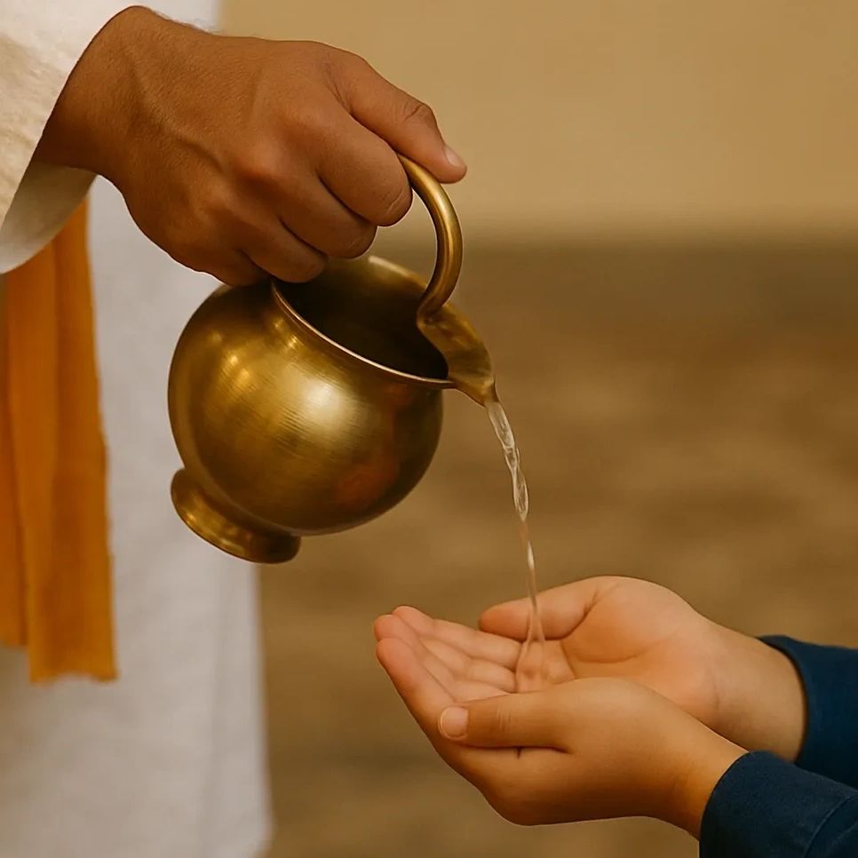 Hand pouring water from a brass jug into cupped hands.