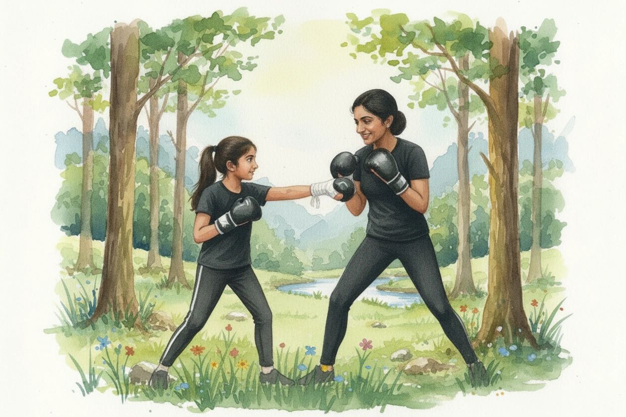 Woman and girl boxing together outdoors.