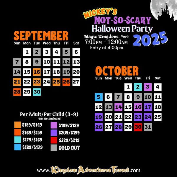 2025 Mickey's Not-So-Scary Halloween Party calendar and prices.