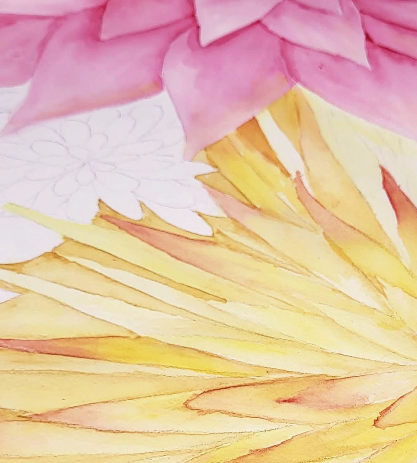 Watercolor petals in yellow and pink.