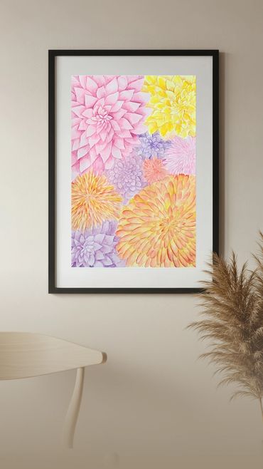 Garden of Color 2 - watercolor painting of bright, springtime dahlias. 11" by 14"- wall art
