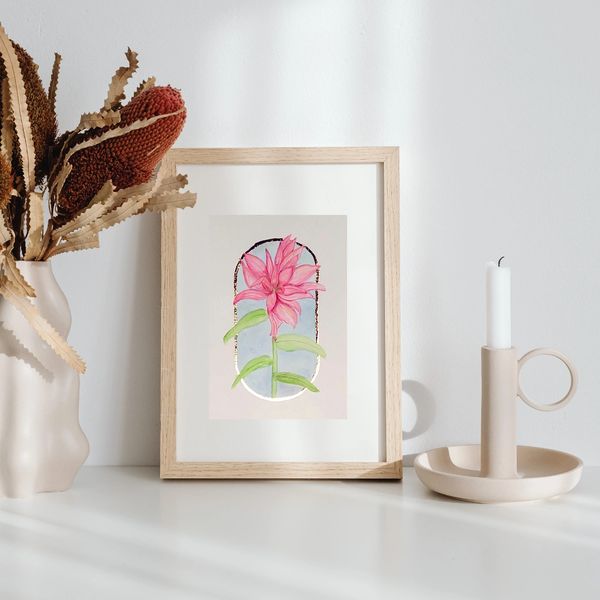 Original watercolor painting pink gilded grace  lily on blue oval1