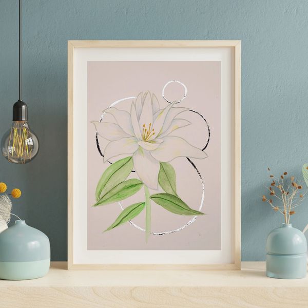 watercolor painting white lily with silver leafed circles in backgrond