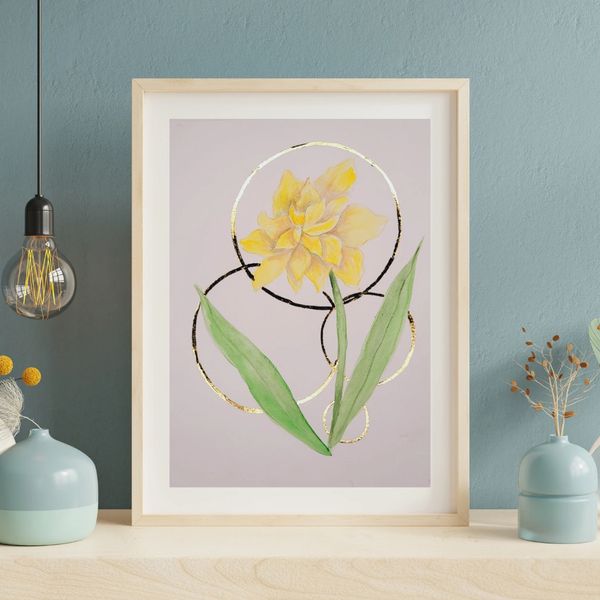 watercolor painting yellow lily with golden leafed circles