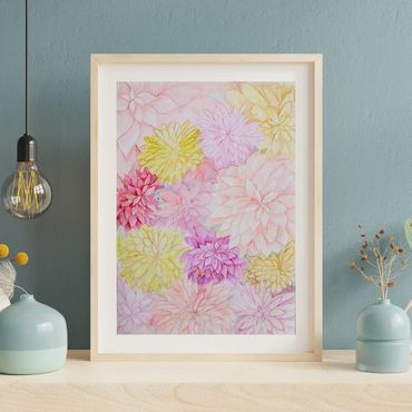 Layered watercolor garden collage of pink, yellow, purple, and orange dahlias.