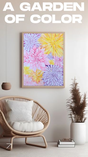 Layered watercolor garden collage of pink, yellow, purple, and orange dahlias.