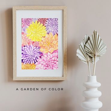 Layered watercolor garden collage of pink, yellow, purple, and orange dahlias.