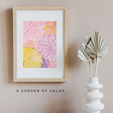 Garden of Color 8 - watercolor painting of bright, springtime dahlias. 7" by 9" - wall art