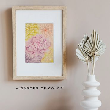 Layered watercolor garden collage of pink, yellow, purple, and orange dahlias.