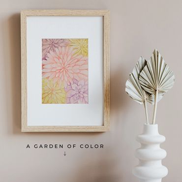 Layered watercolor garden collage of pink, yellow, purple, and orange dahlias.
