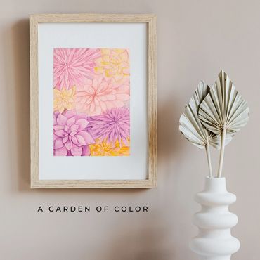 Layered watercolor garden collage of pink, yellow, purple, and orange dahlias.