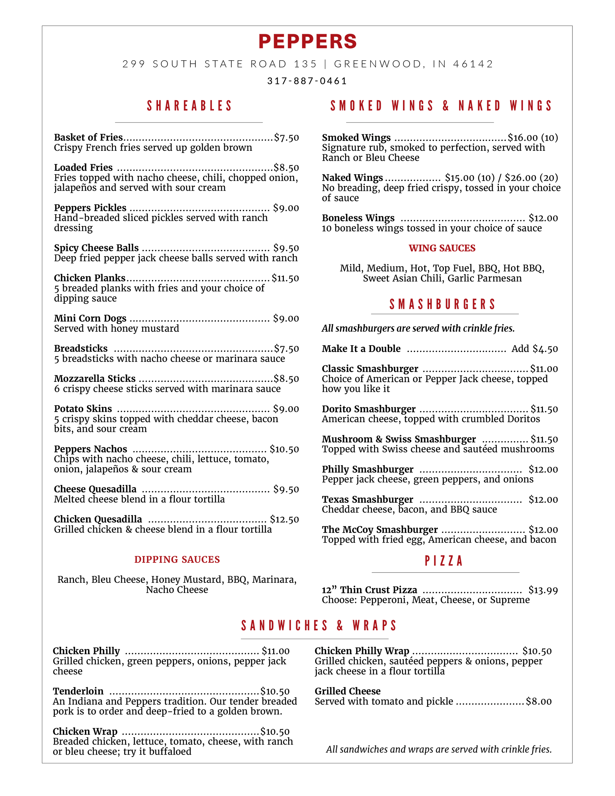 Peppers menu featuring shareables, wings, smashburgers, sandwiches, and pizza options.
