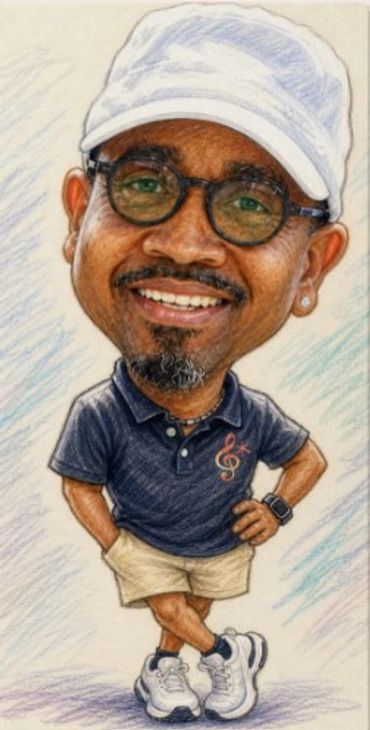 Caricature of a smiling man in casual attire and glasses.