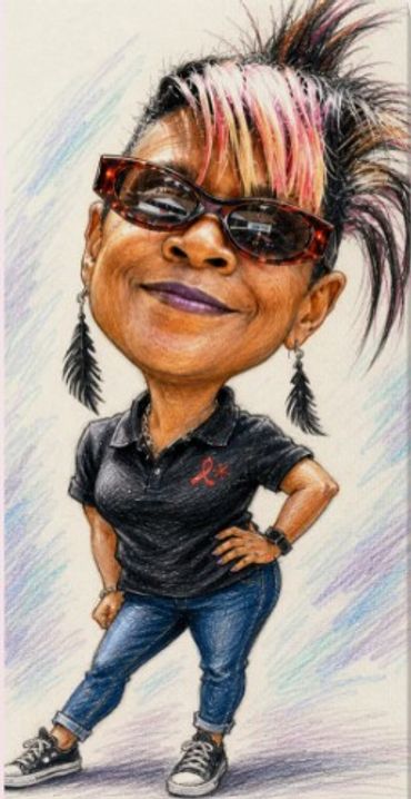 Colorful caricature of a confident woman with sunglasses and mohawk hairstyle.
