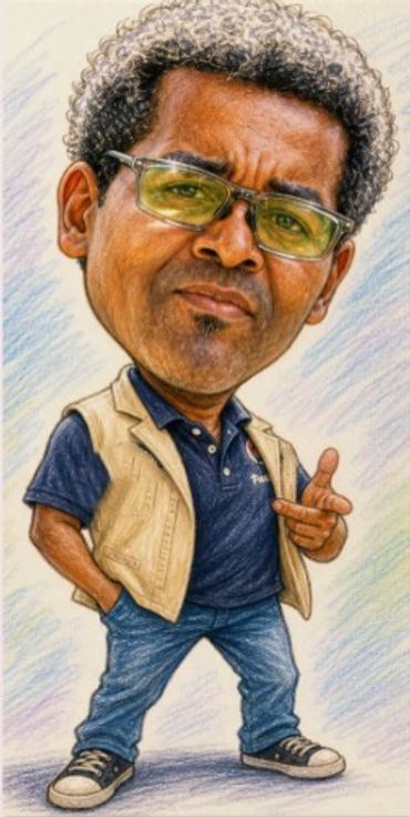 Caricature of a man with curly hair and glasses.