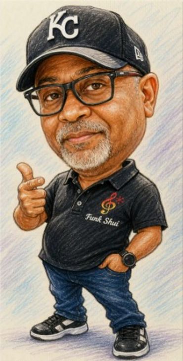 Caricature of a man wearing a KC cap and Funk Shui shirt.