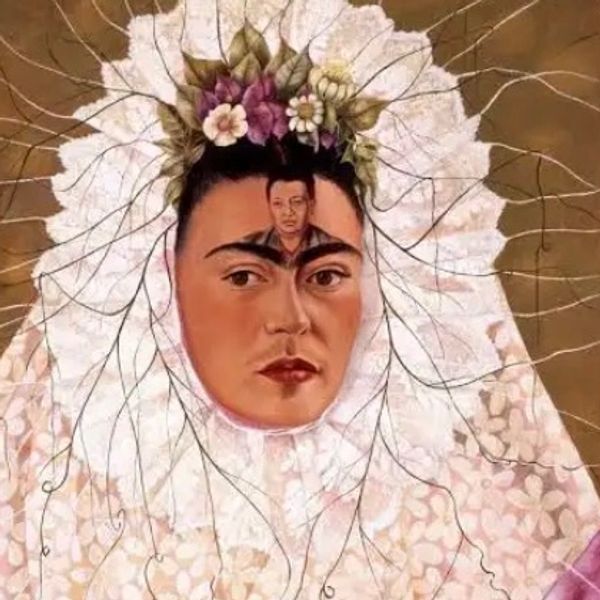 Surreal portrait of a woman with a smaller figure on her forehead and floral headpiece.