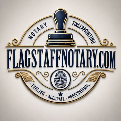 Logo for FlagstaffNotary.com featuring notary stamp and fingerprint icons.