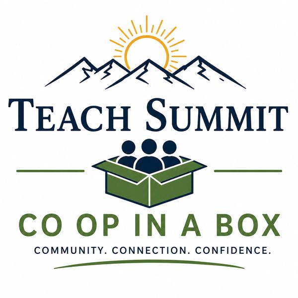 Teach Summit logo with mountains, sun, and people in a box representing community and confidence.