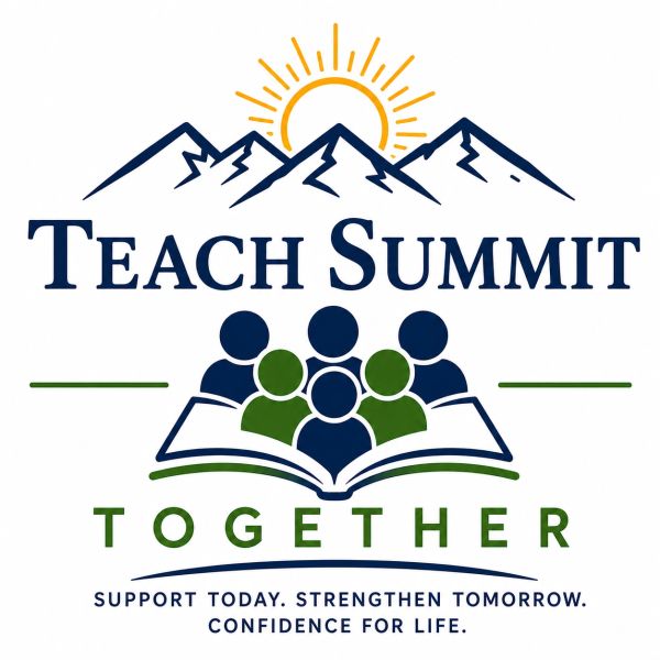 Logo for Teach Summit Together with mountains, sun, and people around an open book.