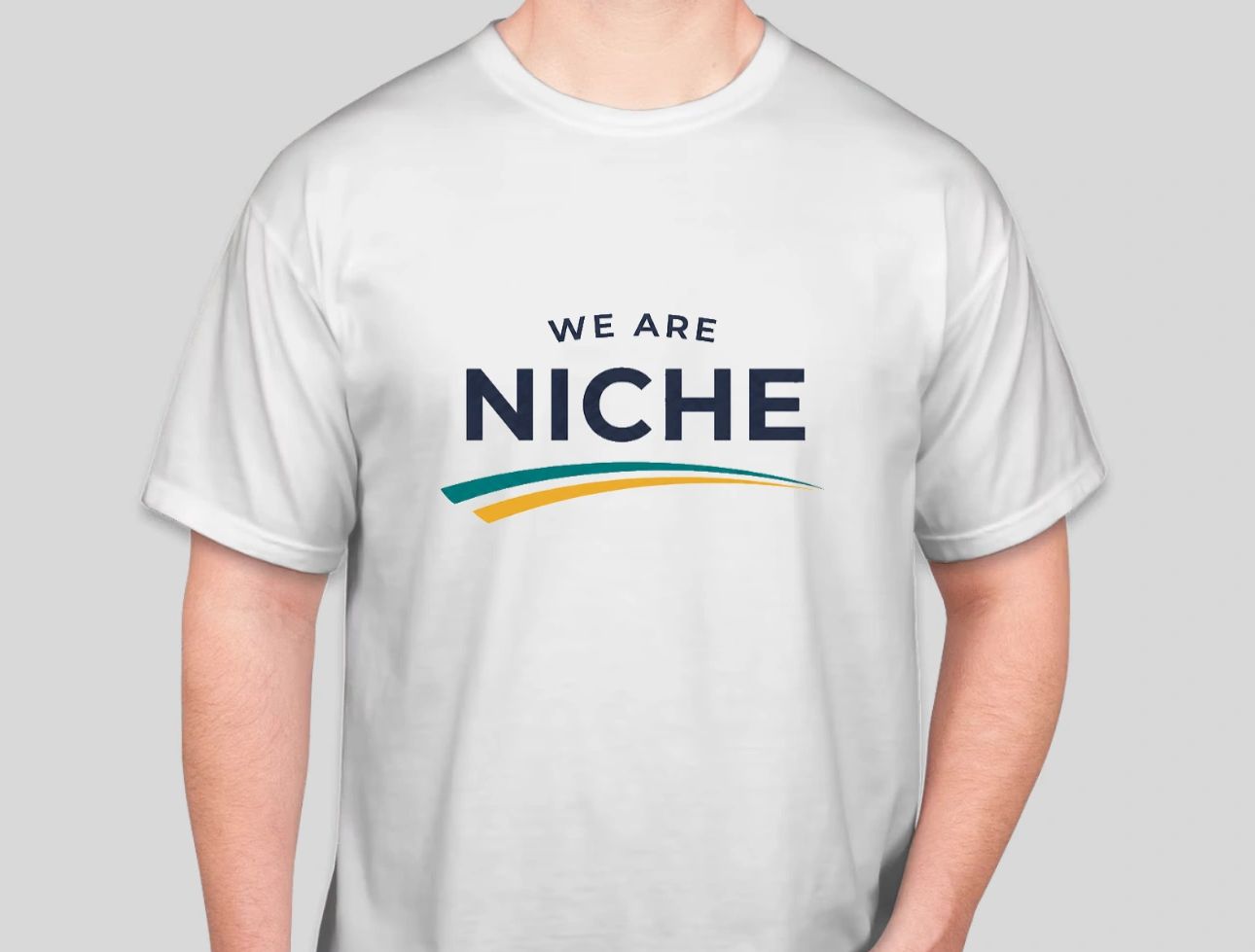White T-shirt with 'We Are Niche' text and colorful swoosh.
